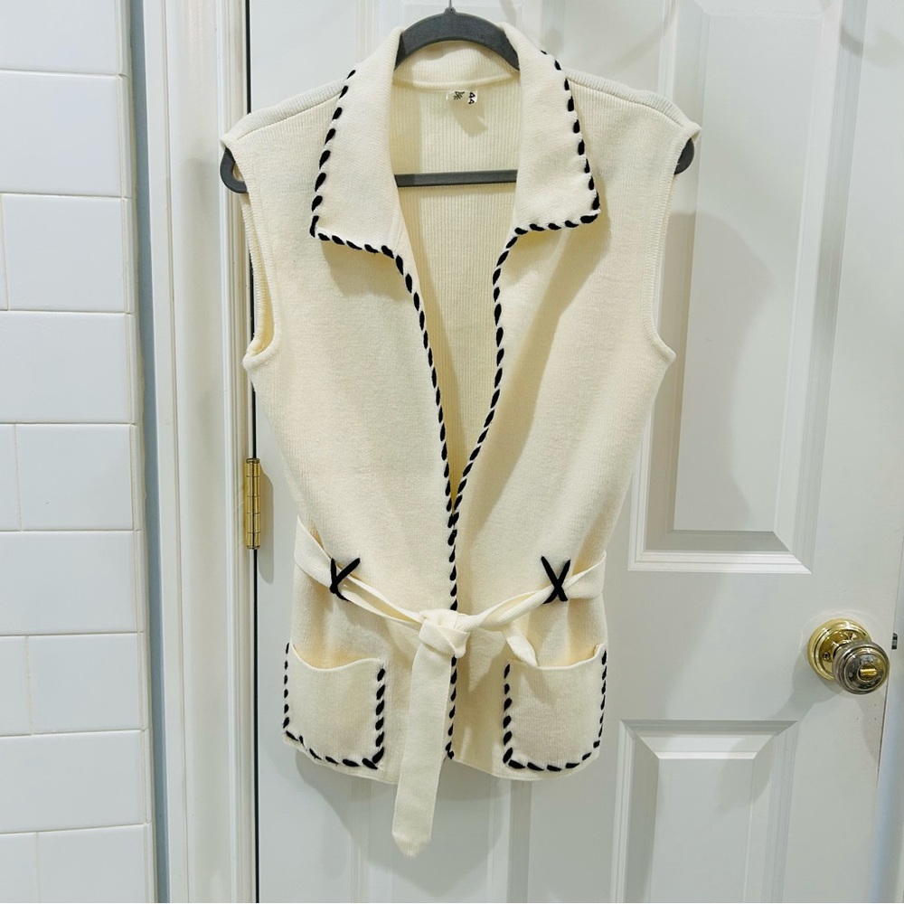 Vintage Cream Knit Cardigan Whipstitch Black Trim Vest Sleeveless - Picture 5 of 13